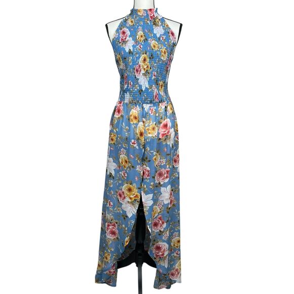 Venus Women's Maxi Cover Up Tunic Top XL Blue Floral Halter Smocked High Slit - Picture 1 of 11